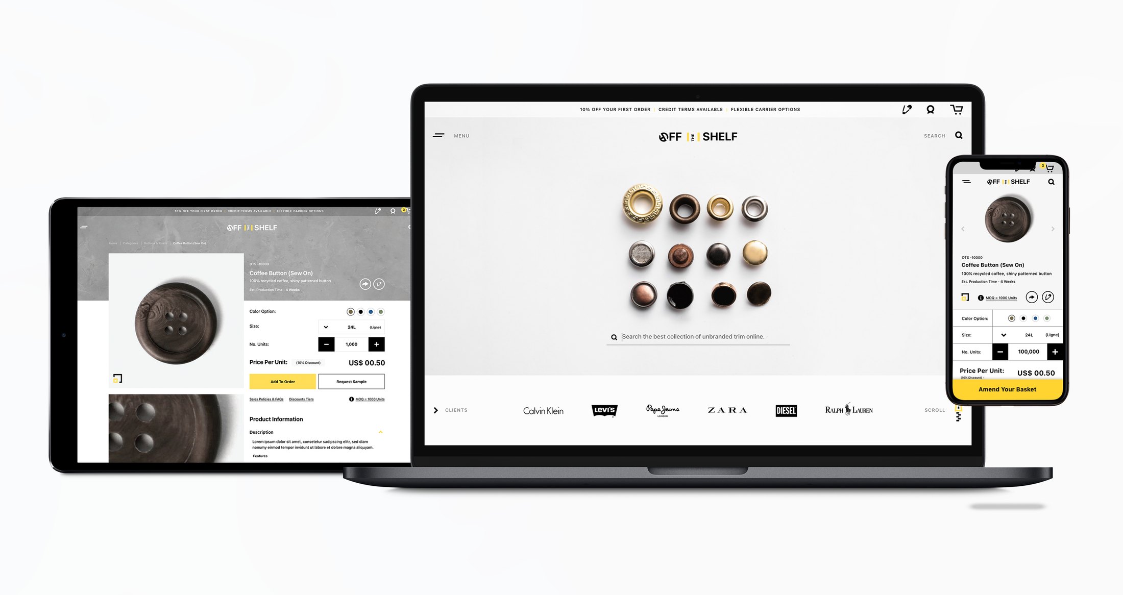 The Off The Shelf storefront shown across desktop and mobile.