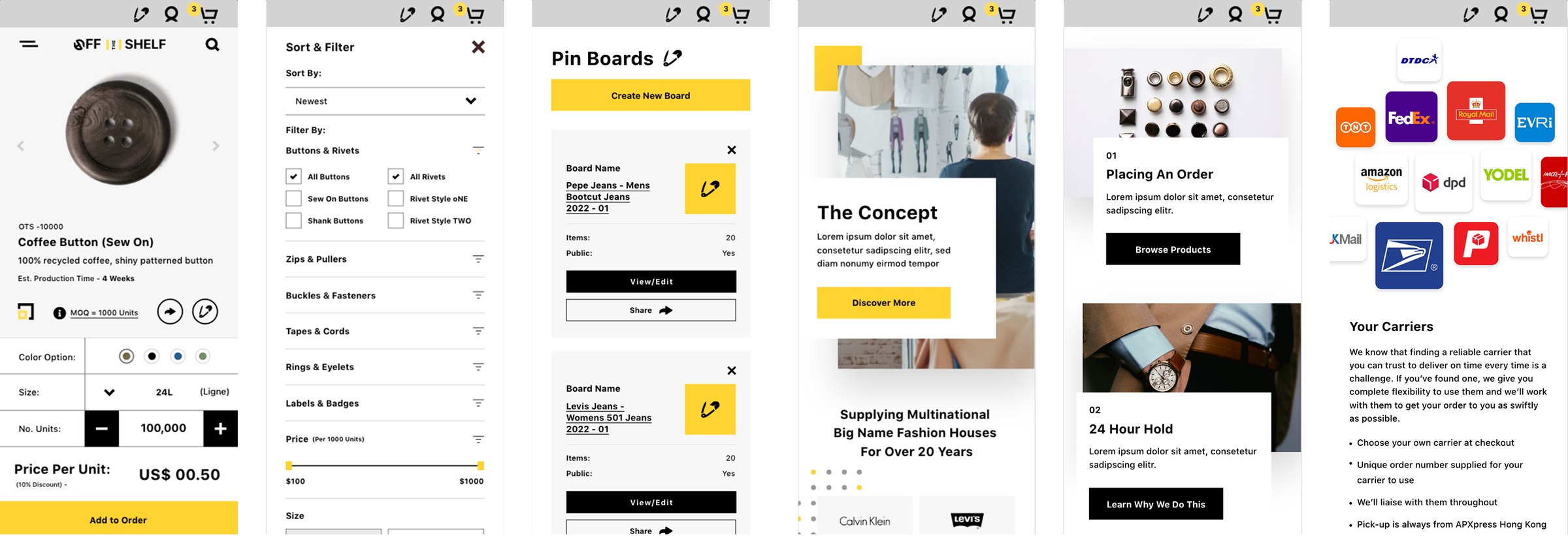 Off The Shelf mobile screens: product detail, filtering, pin boards, the concept, ordering and carriers.