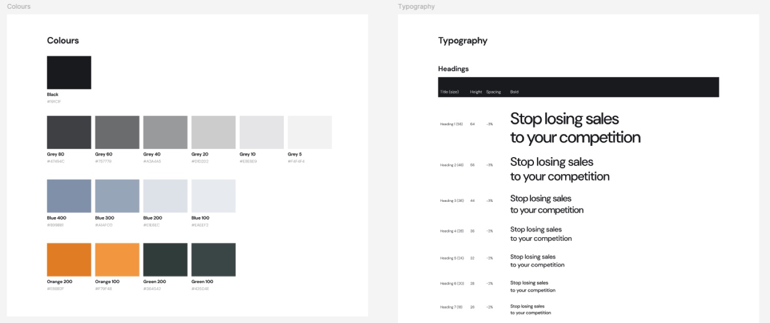 The Palletower design system, showing the colour palette and the typographic scale.