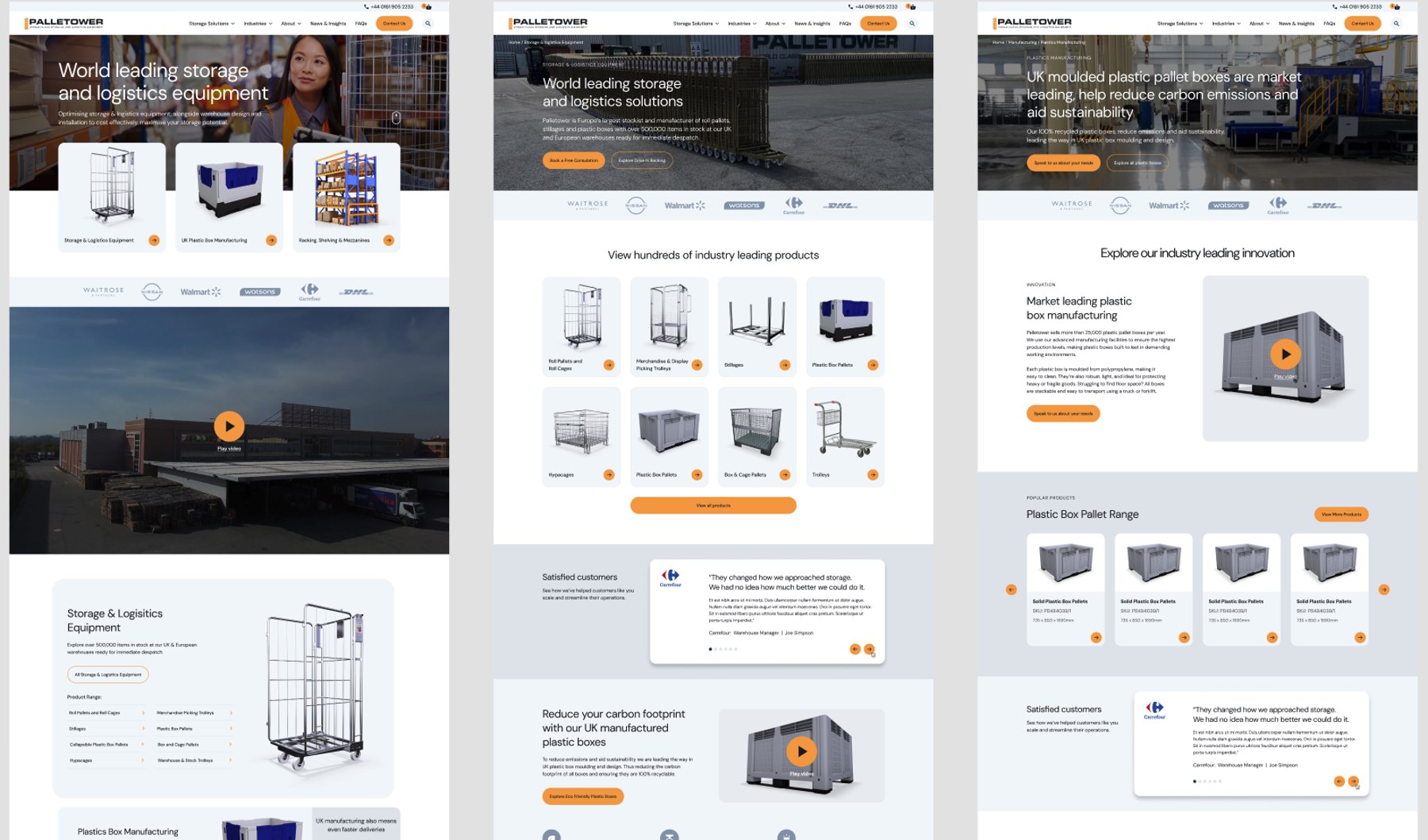 Final desktop user interface designs for the Palletower homepage and service landing pages.