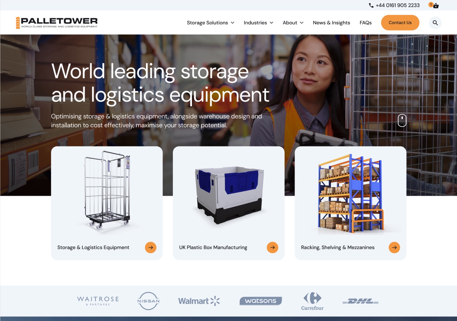 The redesigned Palletower homepage, positioning the business as a world-leading storage and logistics provider with integrated services.