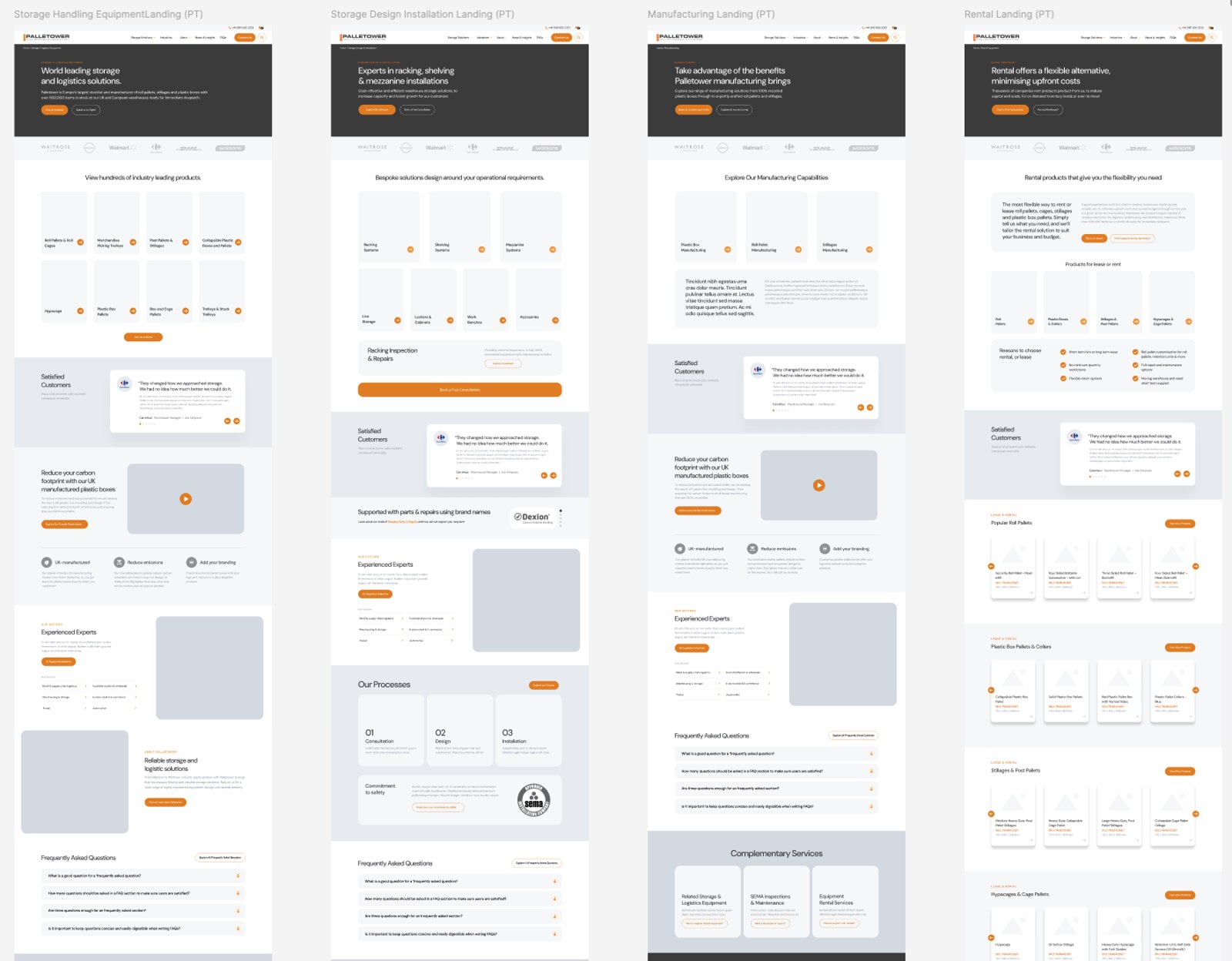 Redesigned landing page structures for equipment, design and installation, manufacturing and rental.