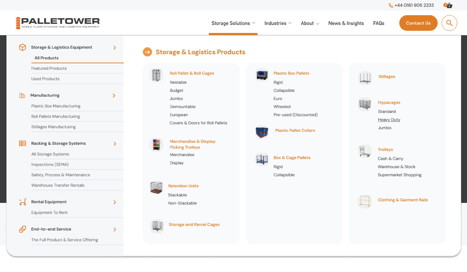 The redesigned desktop navigation, with products, manufacturing, racking, rental and the end-to-end service grouped clearly.