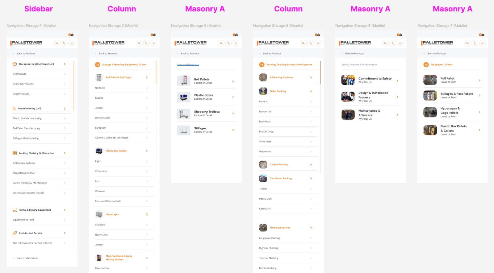 Several mobile navigation explorations showing different ways to structure products and services.
