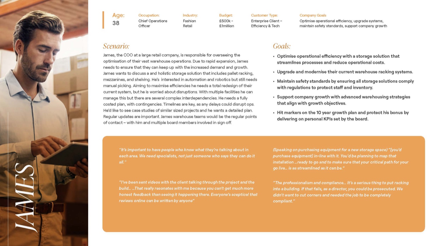 Persona card for James, a chief operations officer, with scenario, goals and quotes.