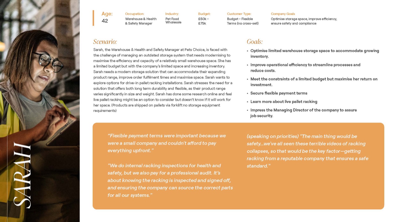 Persona card for Sarah, a warehouse and health-and-safety manager, with scenario, goals and quotes.