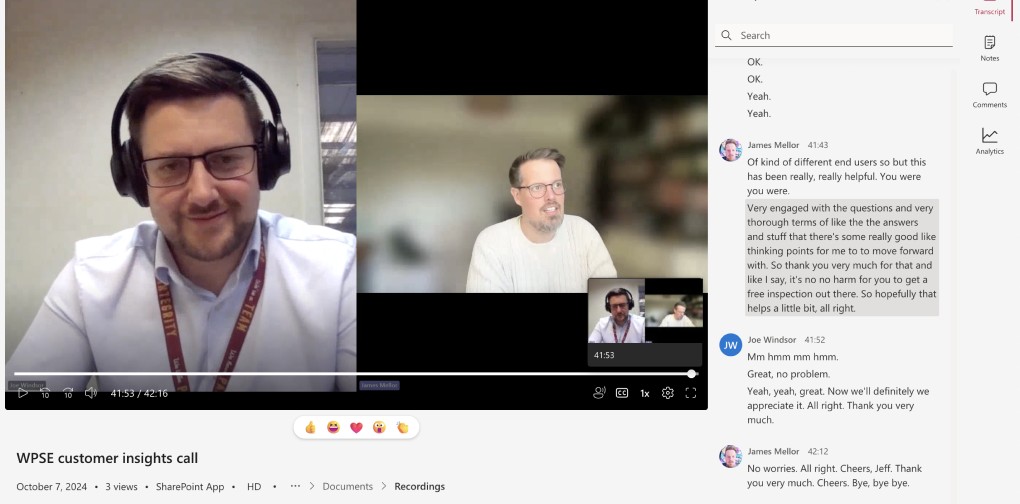 A recorded customer insights video call with the transcript panel open, showing an in-depth interview in progress.