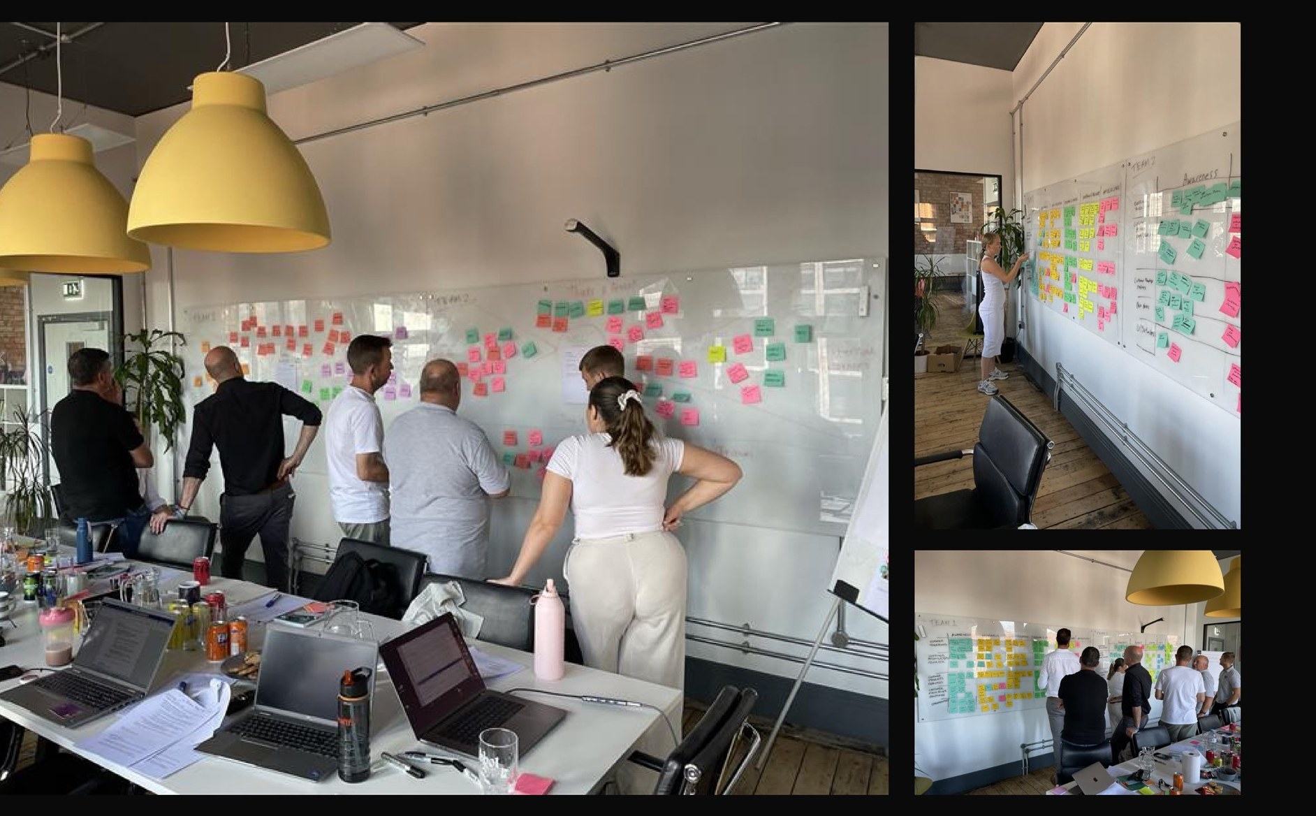 A stakeholder workshop in progress, with teams gathered around whiteboards covered in sticky notes.
