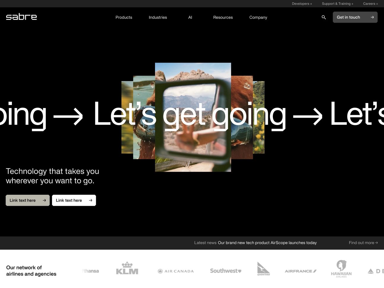 The launched Sabre site, with a brand-led homepage and a band of recognisable airline customer logos.