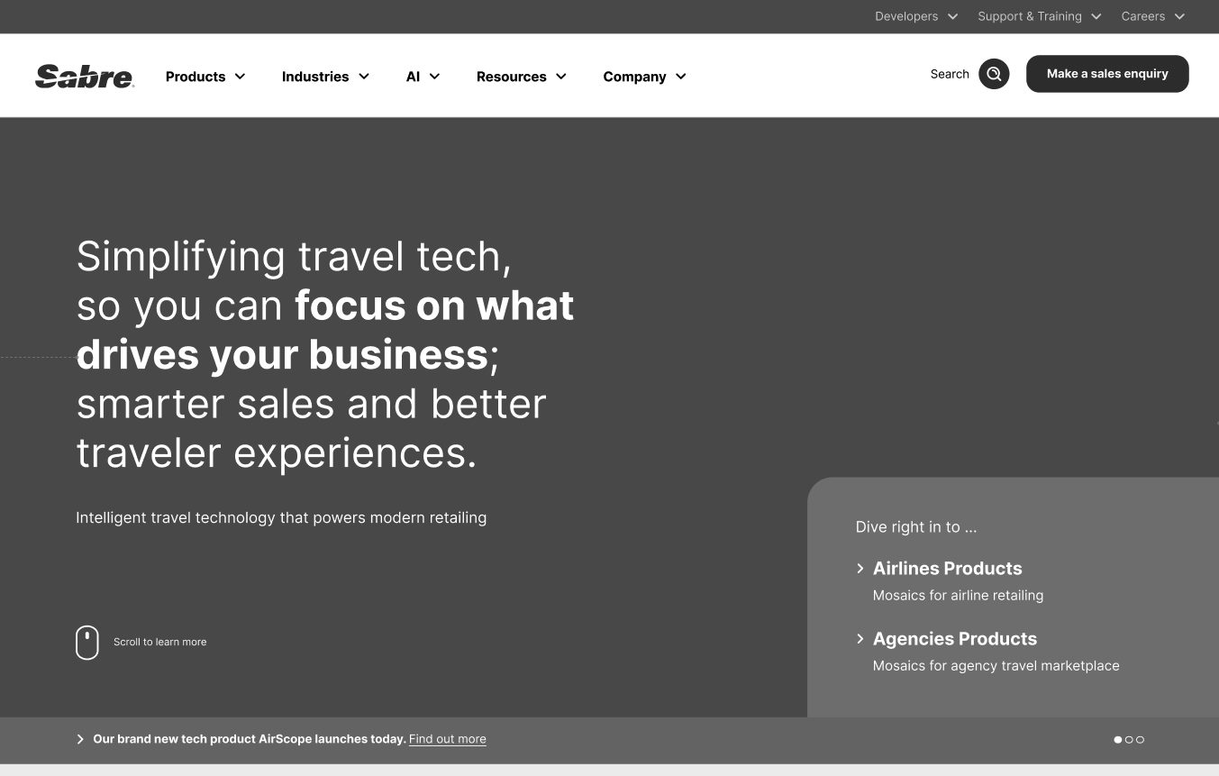 The low-fidelity homepage and header wireframe for the new Sabre site, with audience entry points for airlines and agencies.