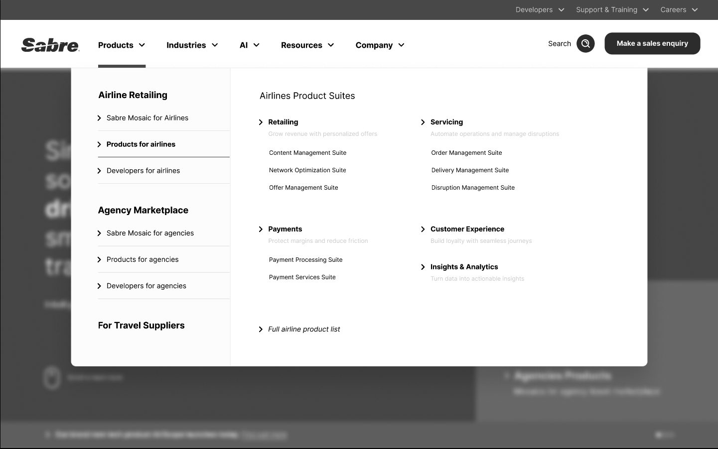 The redesigned Sabre mega-menu, splitting the offer into airline retailing, agency marketplace and travel suppliers with clear product suites.