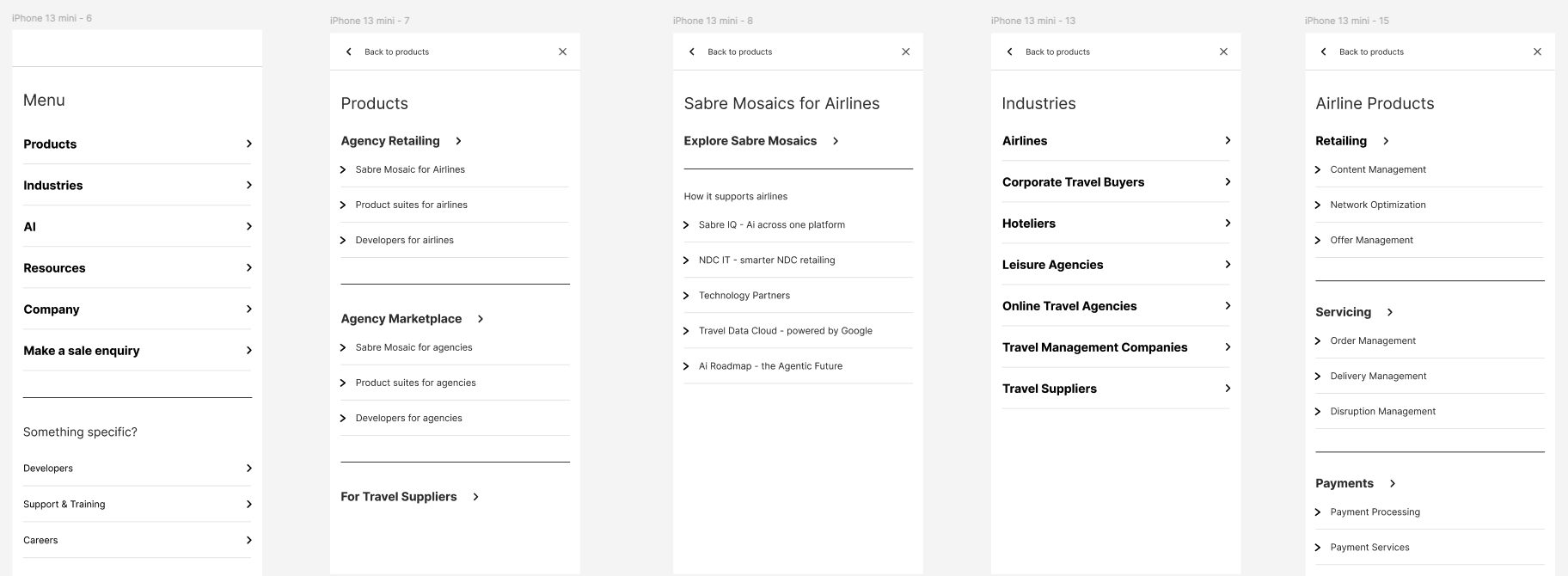 Low-fidelity wireframes of the new mobile navigation and menu structure.