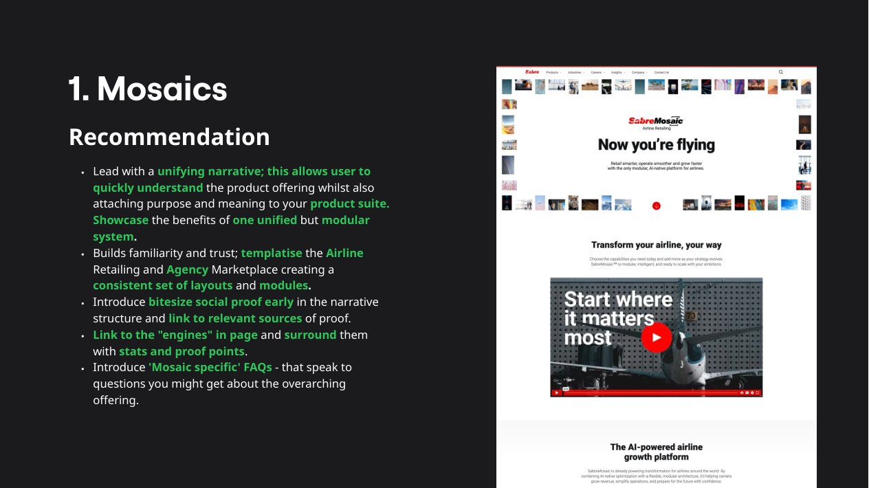 A recommendation slide for the Mosaics pages, pairing the strategy with a designed Mosaic page that leads on a unifying narrative and proof.