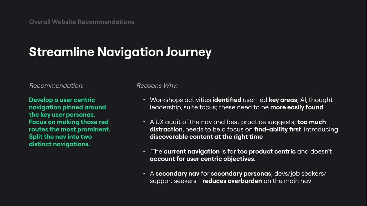 A recommendation slide titled 'Streamline Navigation Journey', setting out a user-centric navigation pinned to the key personas and red routes.
