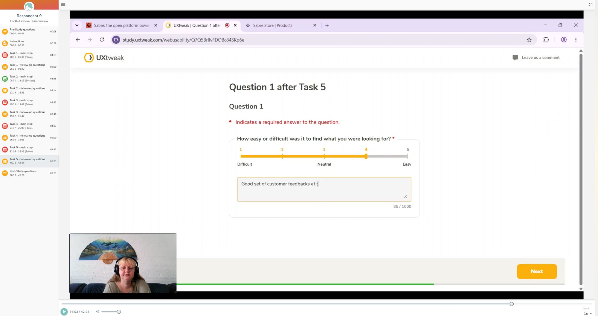 A post-launch unmoderated usability study of the live Sabre site, with a participant recording and task questions.