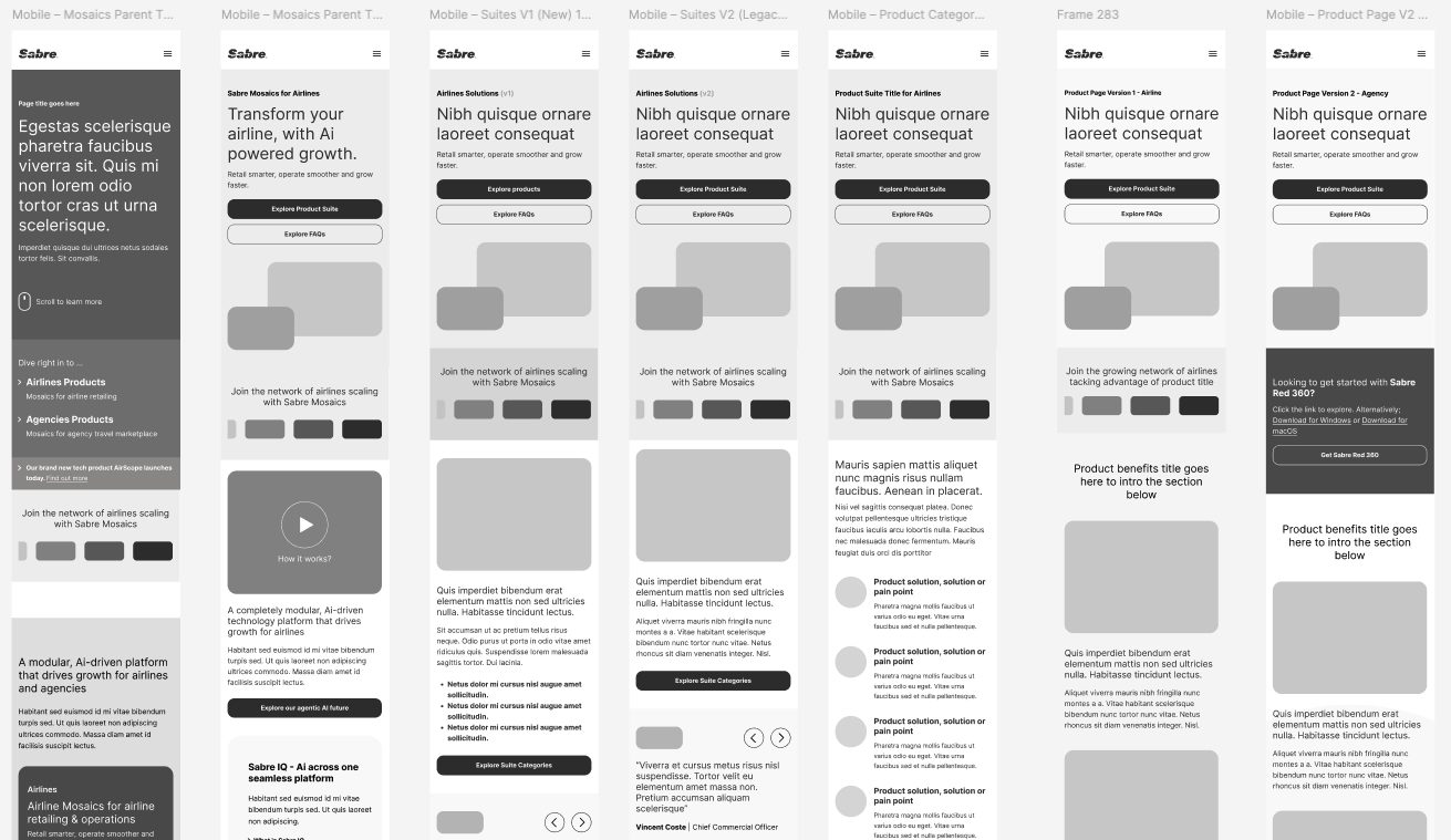 Low-fidelity mobile wireframe variants of the new templates.