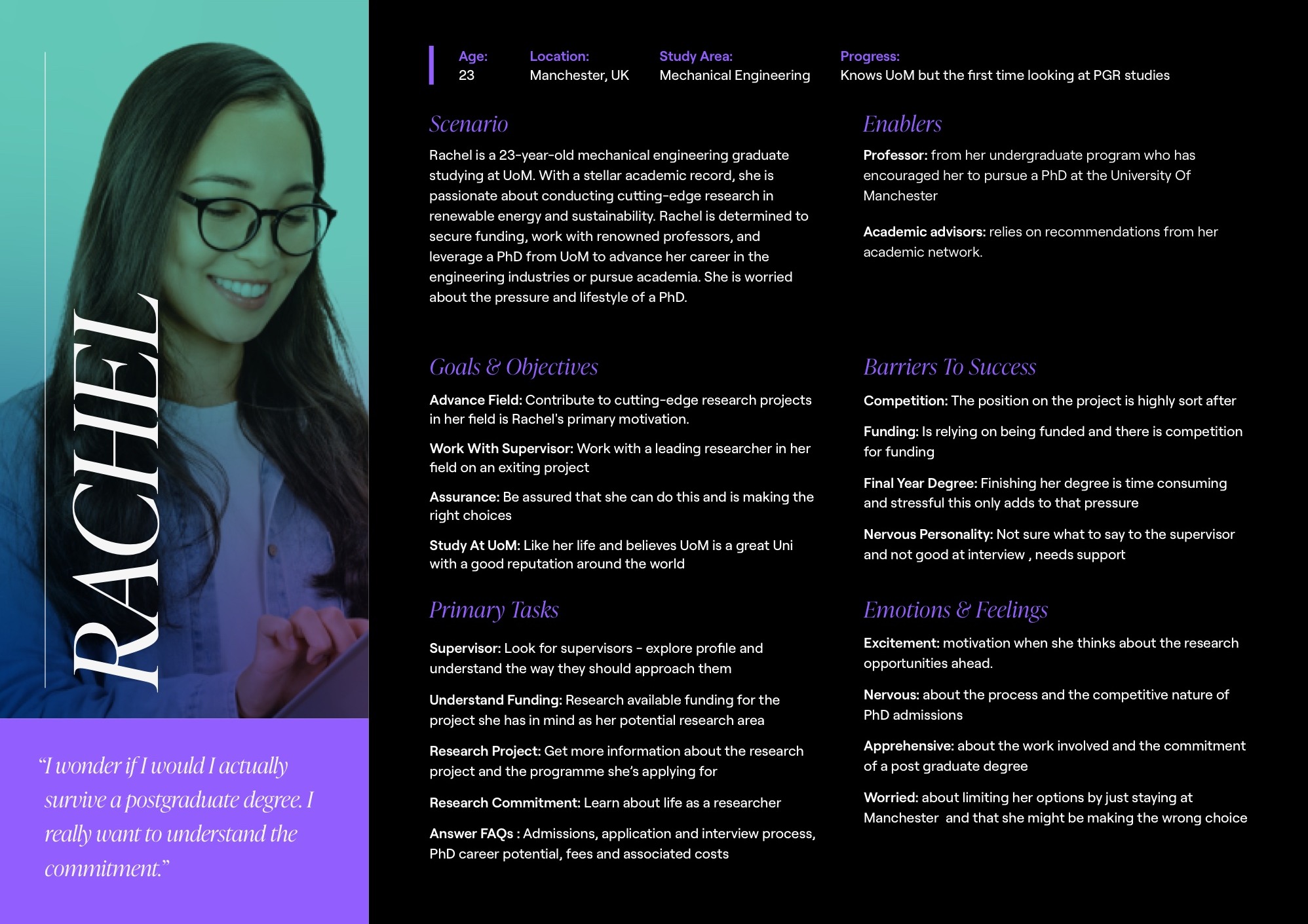 A finished persona card for Rachel, a 23-year-old mechanical engineering graduate, with goals, barriers, tasks and emotional state.