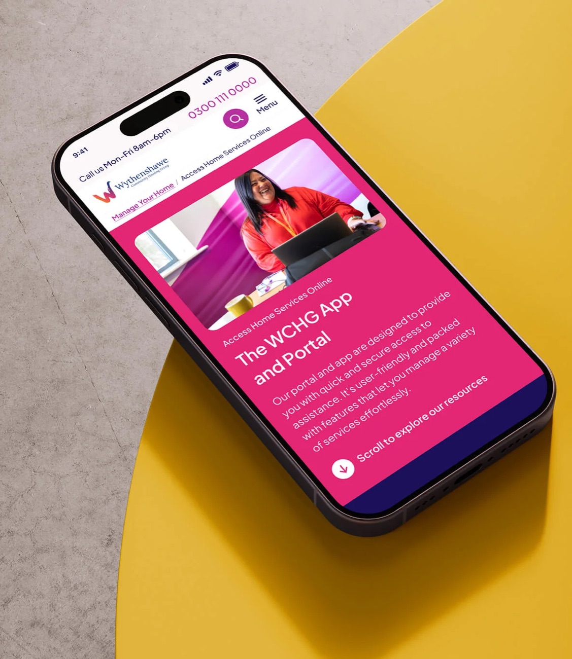 The WCHG app and portal landing screen on a phone, giving residents one place to manage their home.