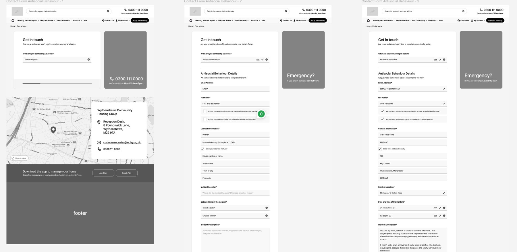 Wireframes of the antisocial behaviour reporting journey, shown empty, partly completed and complete.