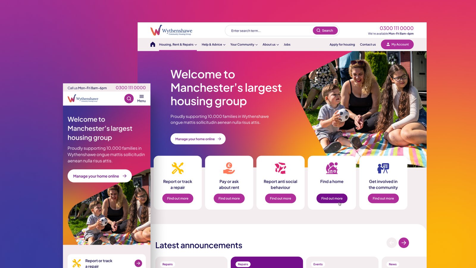 The WCHG website on desktop and mobile, welcoming residents of Manchester's largest housing group.