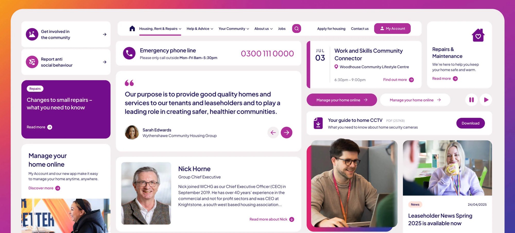 Homepage components from the design system: an emergency contact bar, task cards, a testimonial and news.