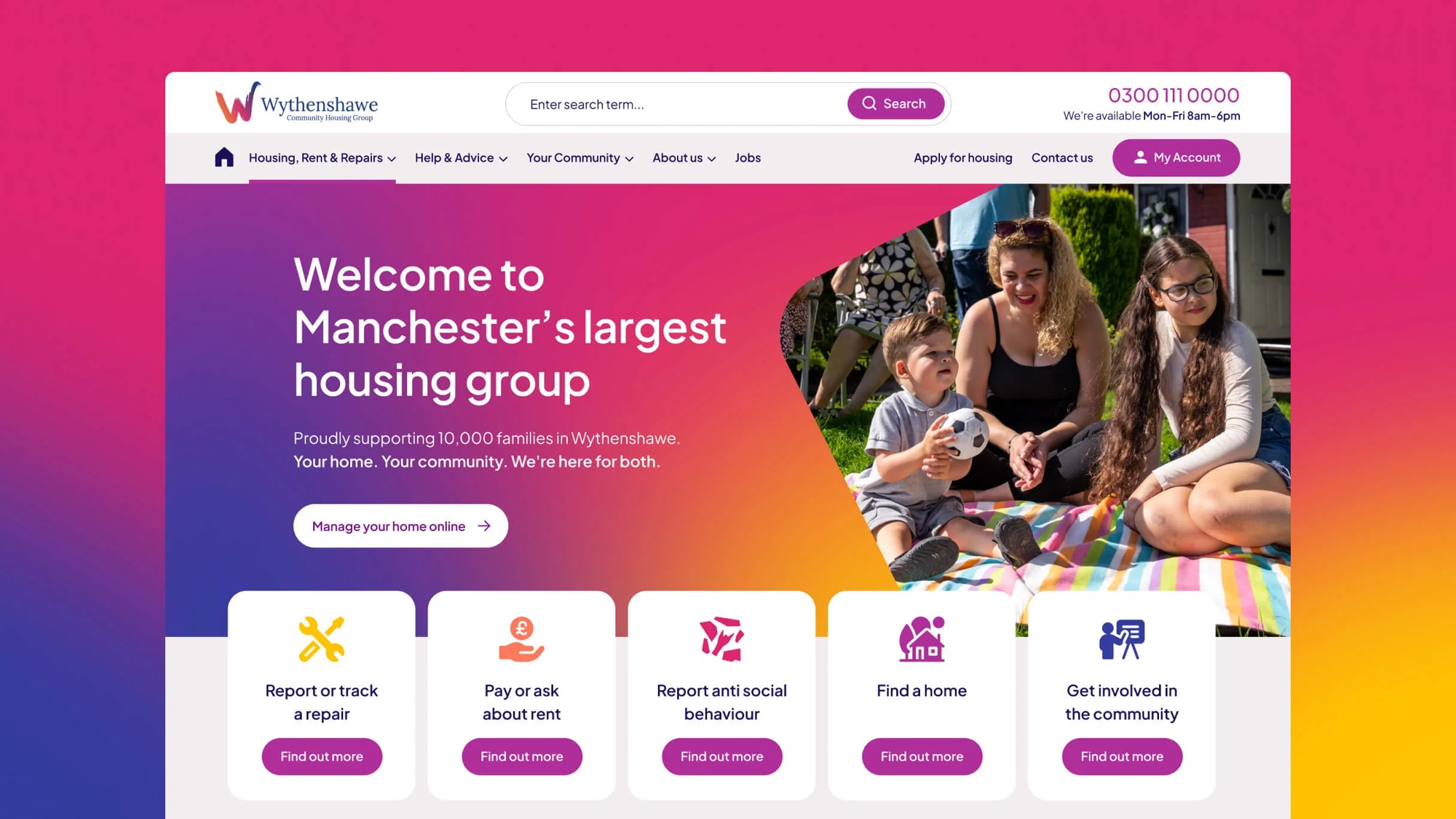 The redesigned Wythenshawe Community Housing Group homepage, welcoming residents and surfacing key tasks like reporting a repair and paying rent.