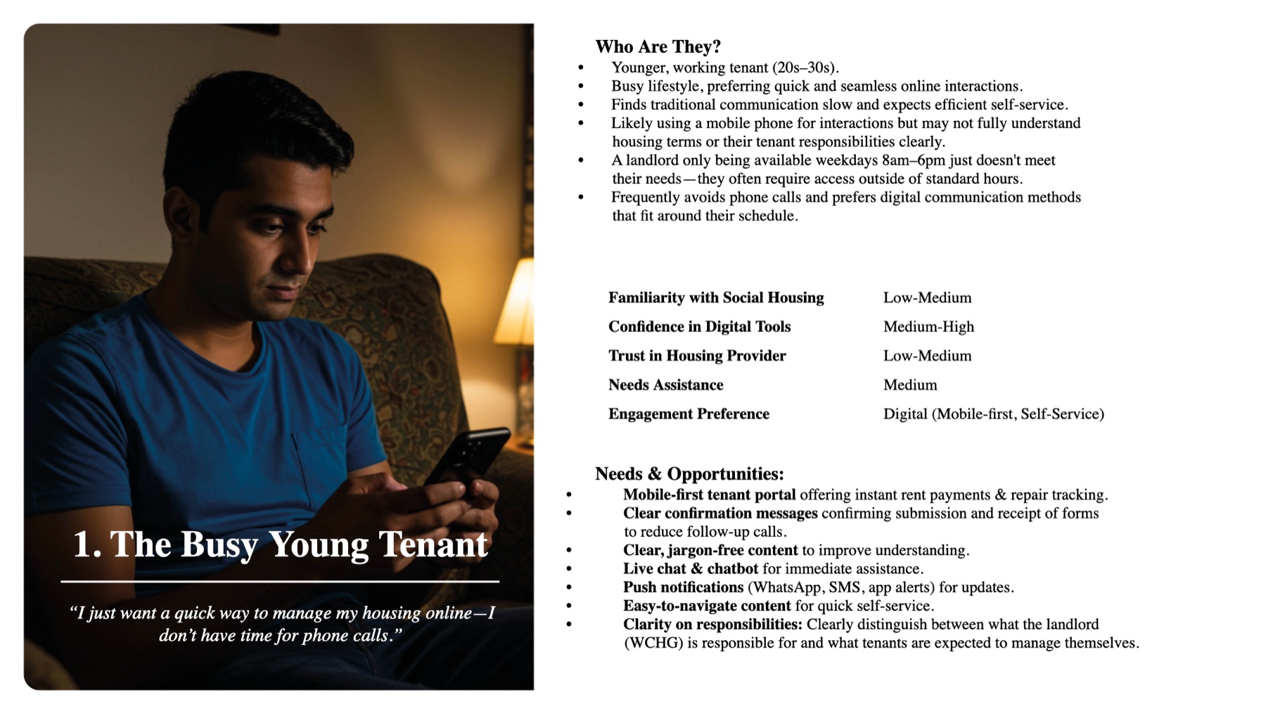 A resident persona card, The Busy Young Tenant, showing goals, attributes and needs.