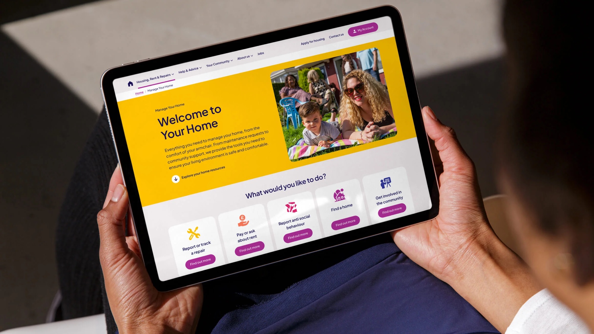 The tenant portal on a tablet, showing tasks like report a repair, pay rent and find a home.